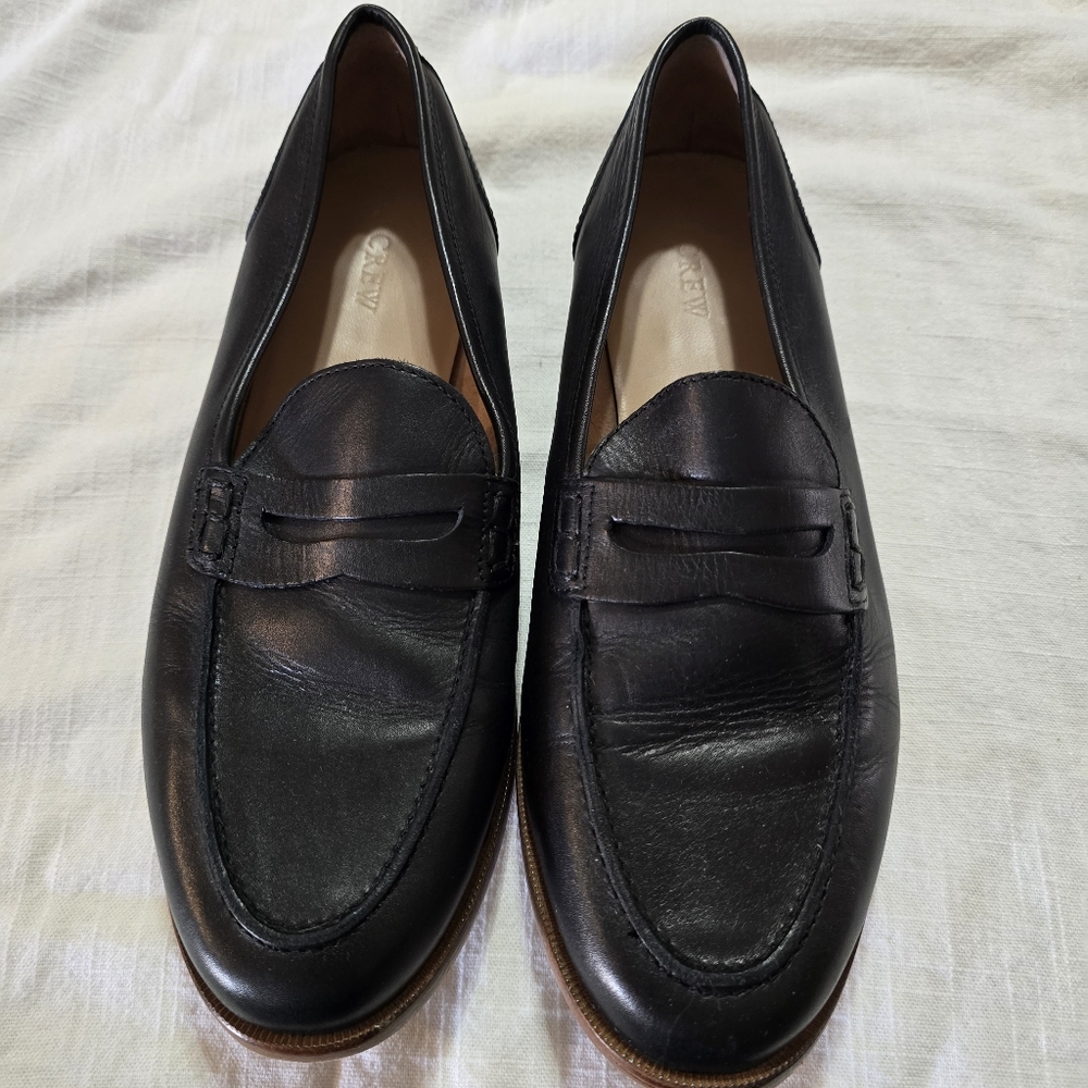 J. Crew Women's Black Leather Preppy Penny Loafers with Block Heel Sz 11